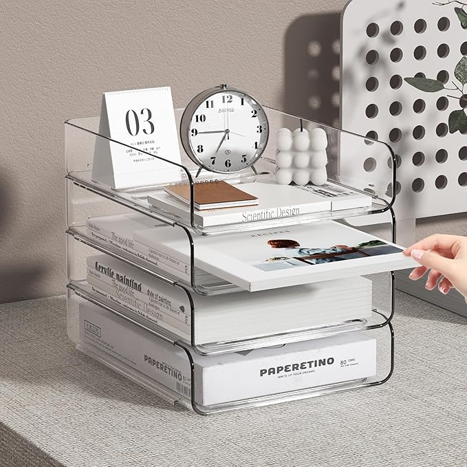 FANXIYQ 4-Tier Acrylic Paper Tray Organizer | Clear Stackable Desk Organizer - Image 6