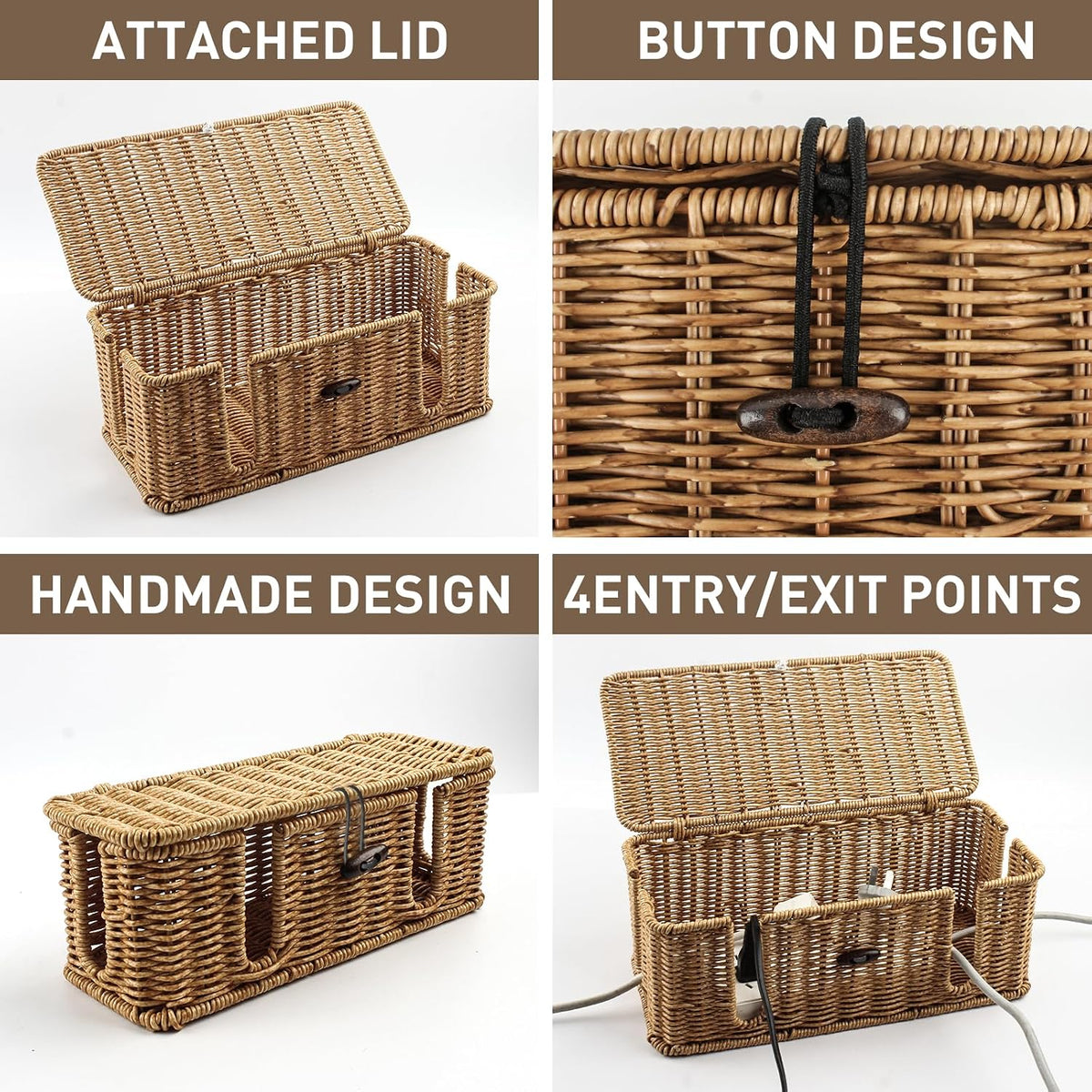 2 Pcs Large Rattan Cable Management Box, Cord Organizer Box with Lid Under De...