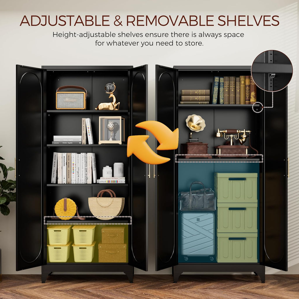 75" tall white storage cabinet with doors &, side view