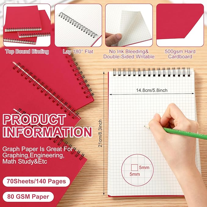 Engrowtic 2 Pack Graph Paper Spiral Notepad A5 Top Wirebound Notepad Grid - Image 2