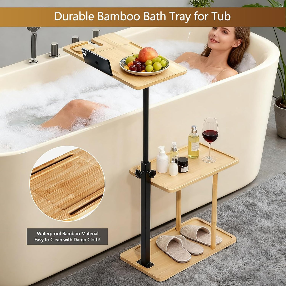 3 Layer Bathtub Tray Table,Bamboo Swivel Bathtub Side Table Height Adjustable...