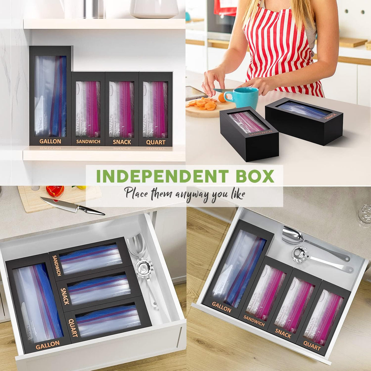 DALSHABET Bamboo Storage Bag Organizer for Kitchen Drawer, 4 Separate Food St...