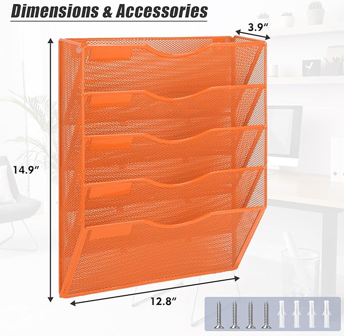 EASEPRES 5 Pocket Mesh Hanging Wall File Organizer, Wall Mounted Mail Paper - Image 2