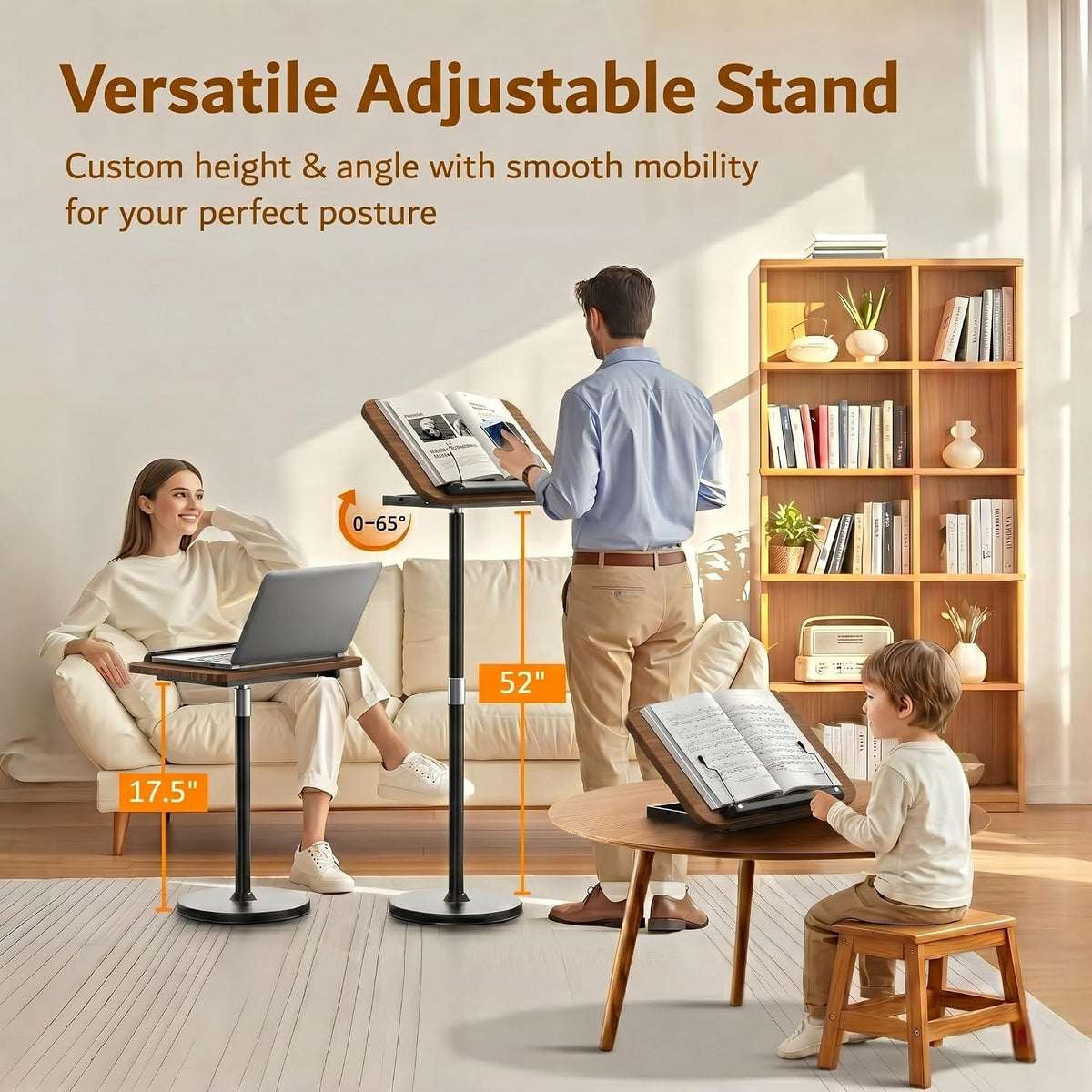 2-in-1 Floor & Desktop Book Stand with Large 16.5"x11.8" Wood Panel | Height Adjustable 16.5"-51" Ergonomic Bookstand with Page Clips for Textbooks, Music Sheets, Recipes, Laptops (Walnut Finish)