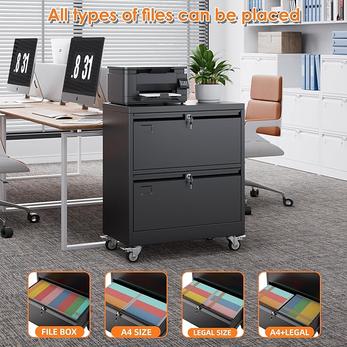 METAN Upgrade 2 Drawers Lateral File Cabinet on Wheels, Steel Office Filing - Image 6