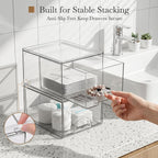 small clear stackable acrylic storage boxes & drawers on a desk or shelf