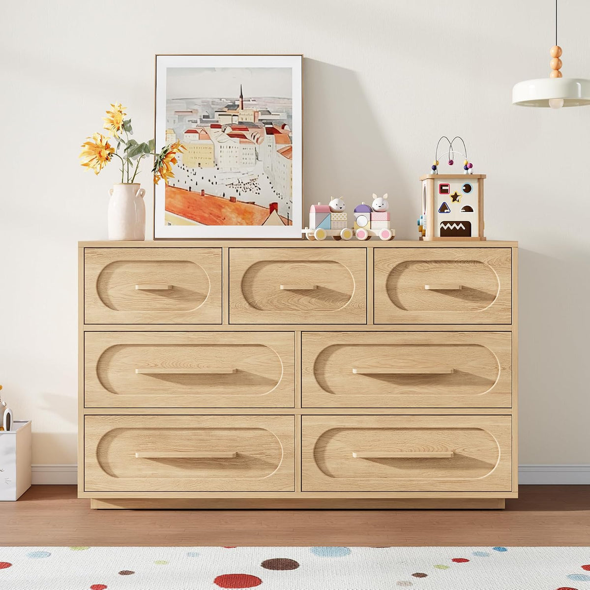 7 Drawer Dresser for Bedroom, Natural Oak