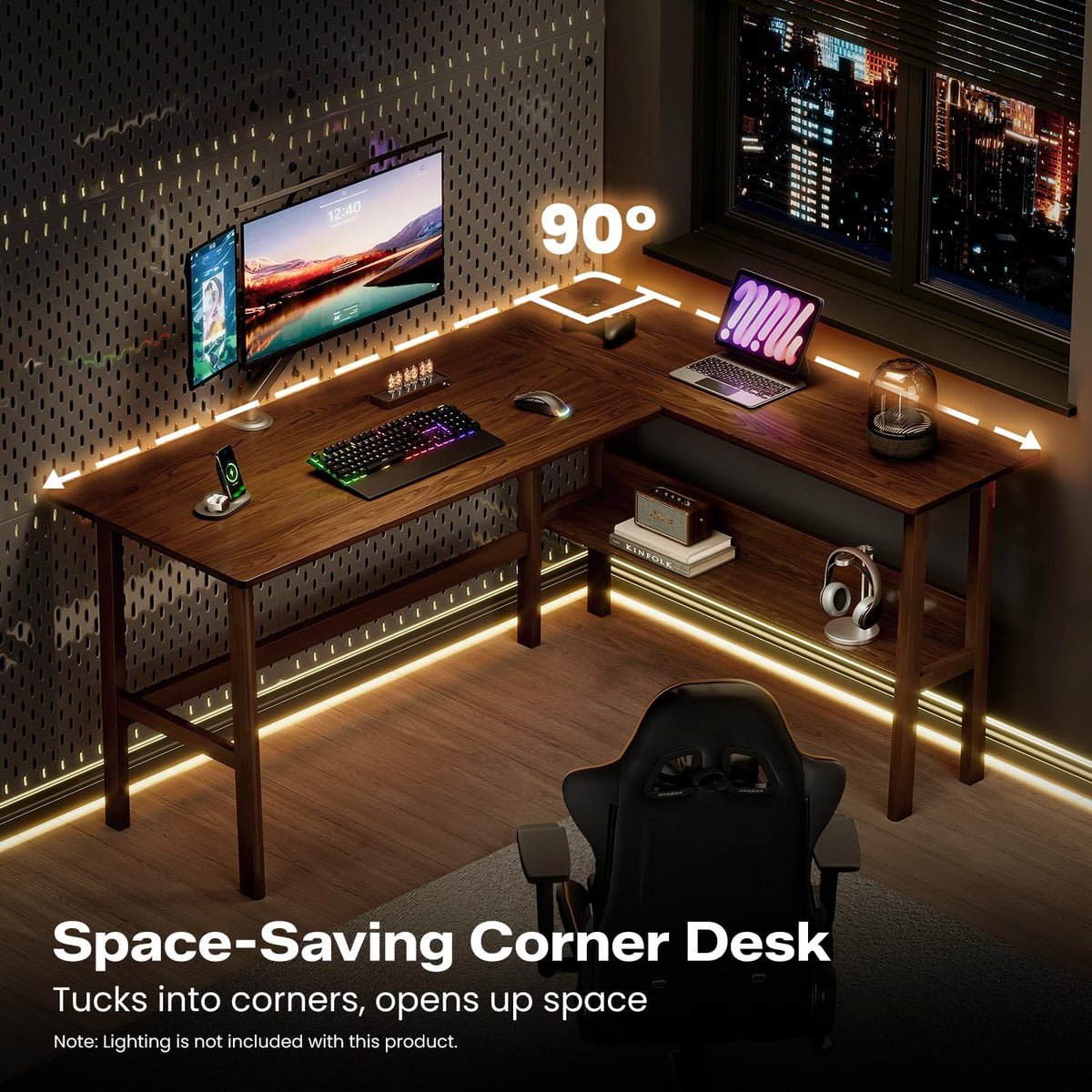 NELYE 63" Reversible L Shaped Desk with Shelf for Home Office, Walnut