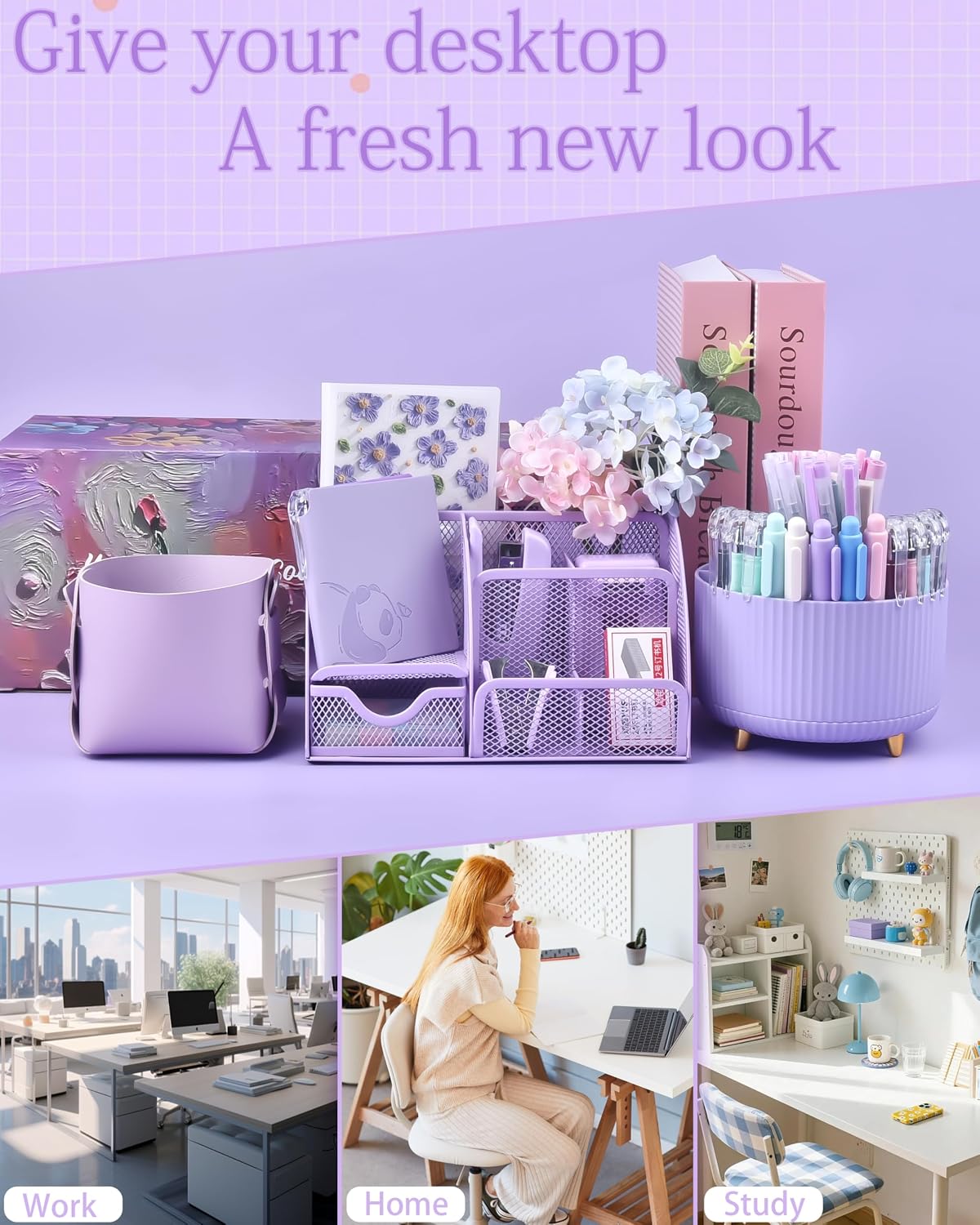 purple desk accessories and organizers with desk organizer on a desk or shelf