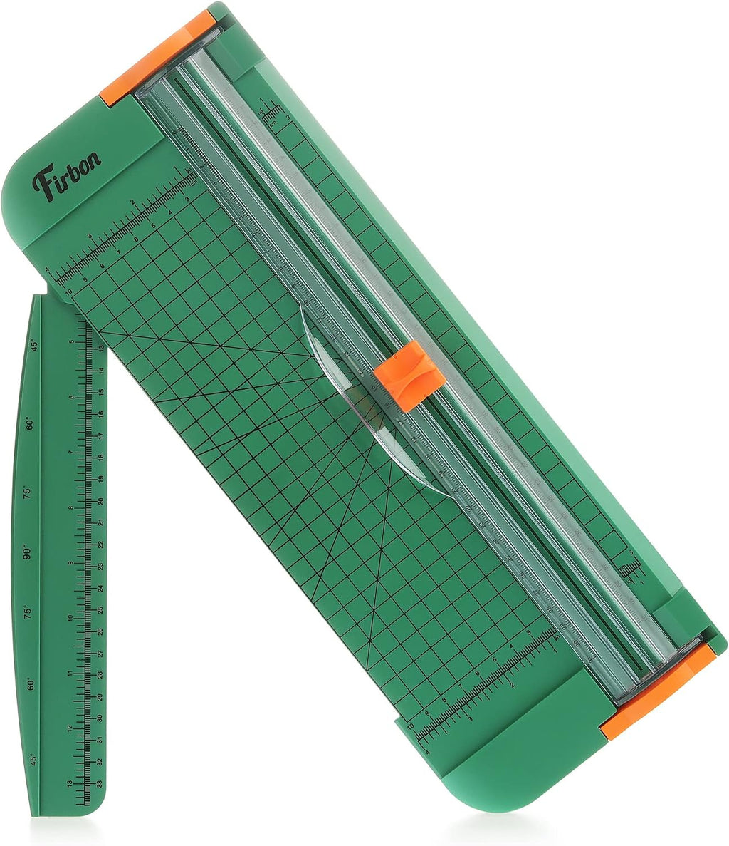Firbon A4 Paper Cutter, 12 Inch Paper Trimmer with Extened Ruler, Green | 12 Sheet Capacity | CM & Inch Scale | Spring-Loaded Safe Blade | Cuts Cardstock, Vinyl, Coupons, Labels & Scrapbooking Crafts