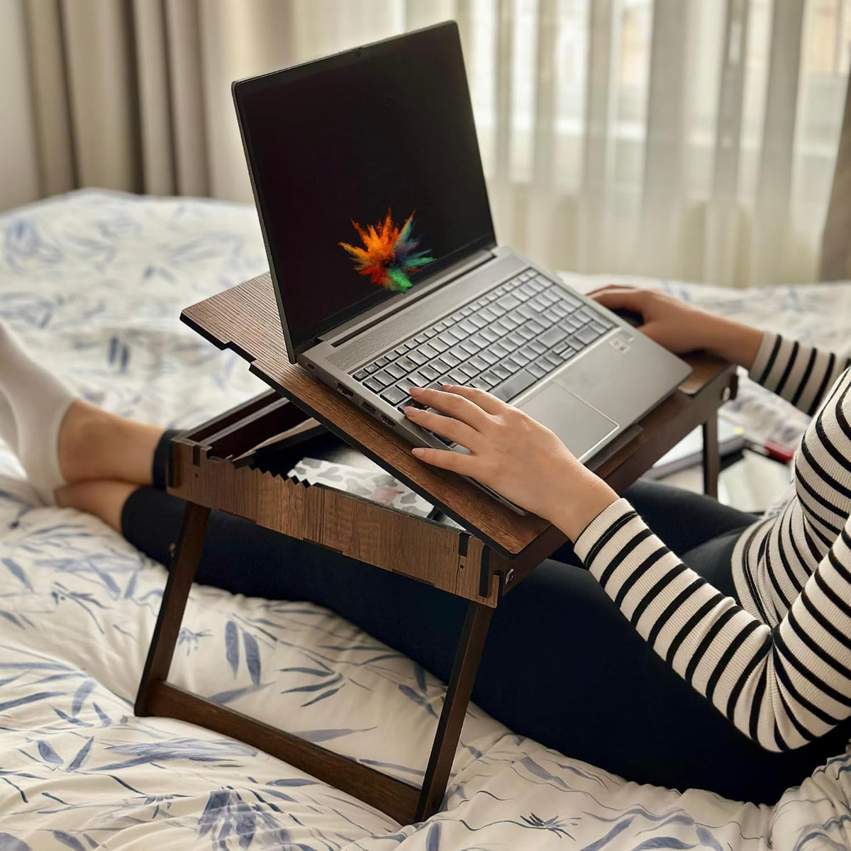 Vigo Wood Laptop Stand with Adjustable Tilt, Folding Legs and Storage Space, ...