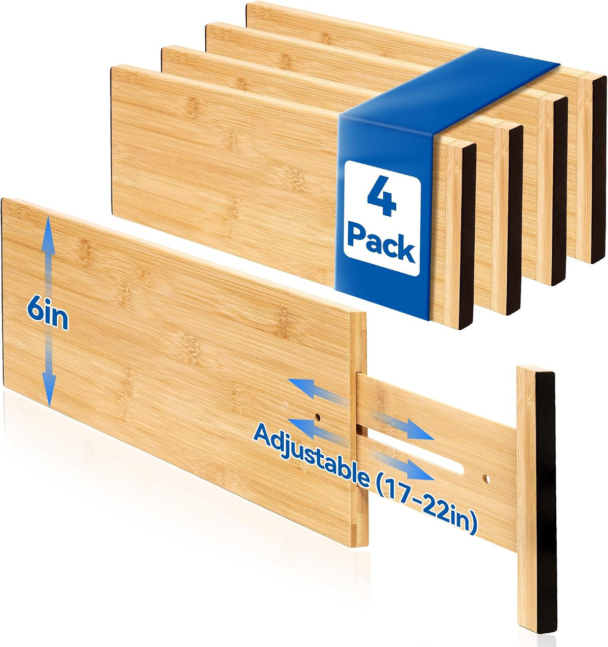 4 Pack 6" Deep Bamboo Drawer Dividers, 17-22" Expandable Kitchen Or...
