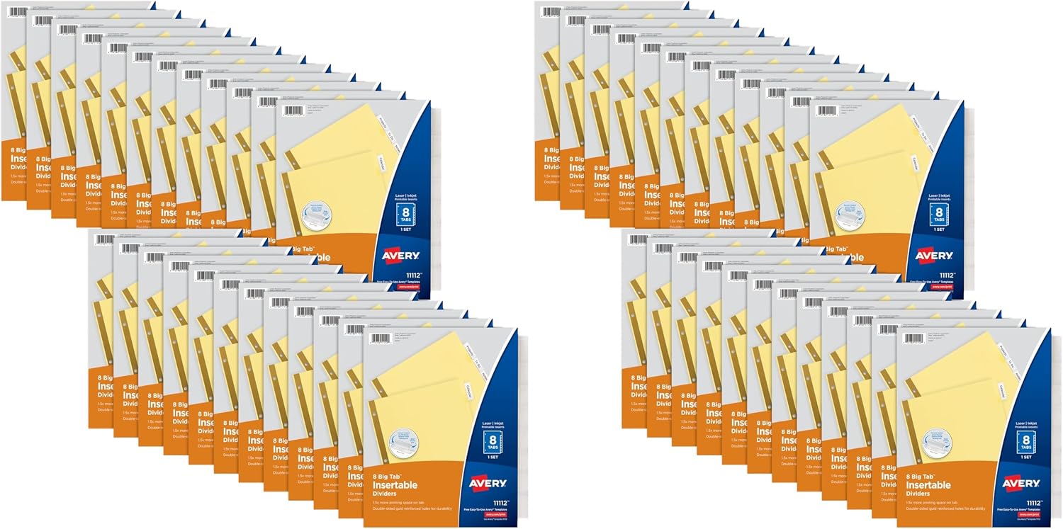 Avery Big Tab Insertable Dividers for 3 Ring Binders, 8-Tab Set, Buff Paper, Clear Tabs, Binder Divider Value Pack of 22224, 24 Sets Total (11115)