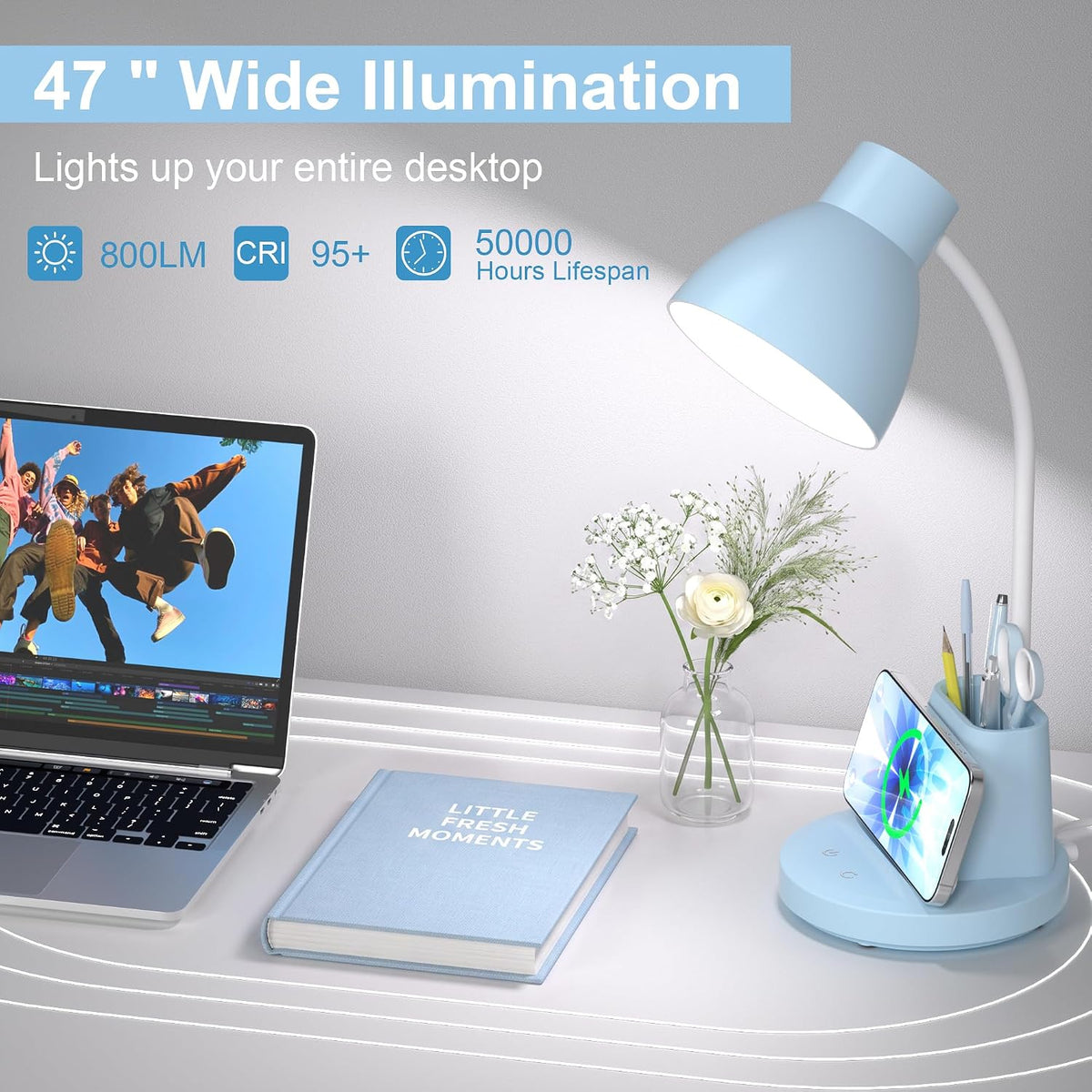 10W Wireless Charging LED Desk Lamp with Pen Holder, CRI 95, Blue