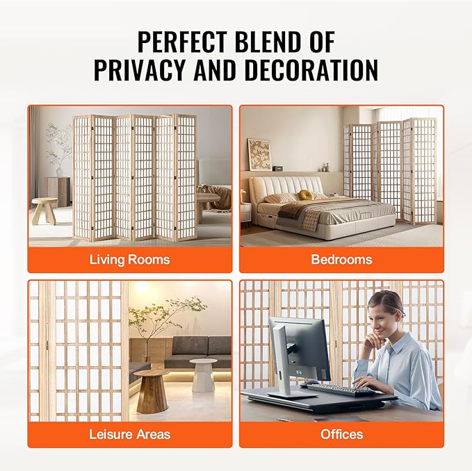 VEVOR Room Divider, 6 Panel Japanese Room Divider, Wood Folding Privacy Screen - Image 7