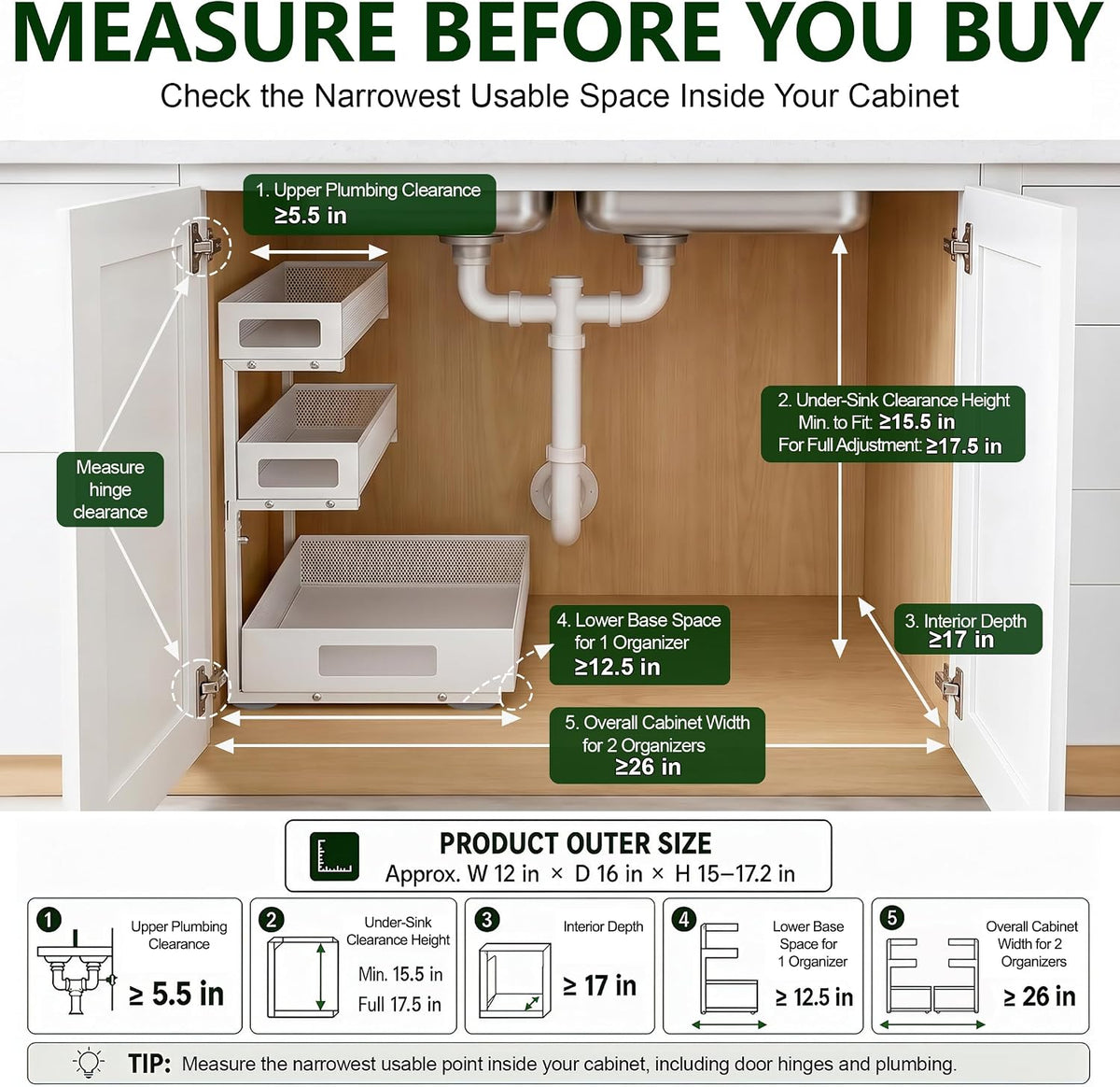 3 Tier Under Sink Organizer for Bathroom, Pull Out Drawers, 1 Pack