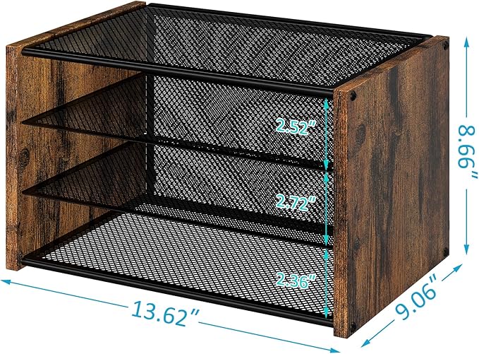 3-Tier Paper Letter Tray, Wooden Desk File Organizer, Stackable Metal Mesh Desk - Image 3