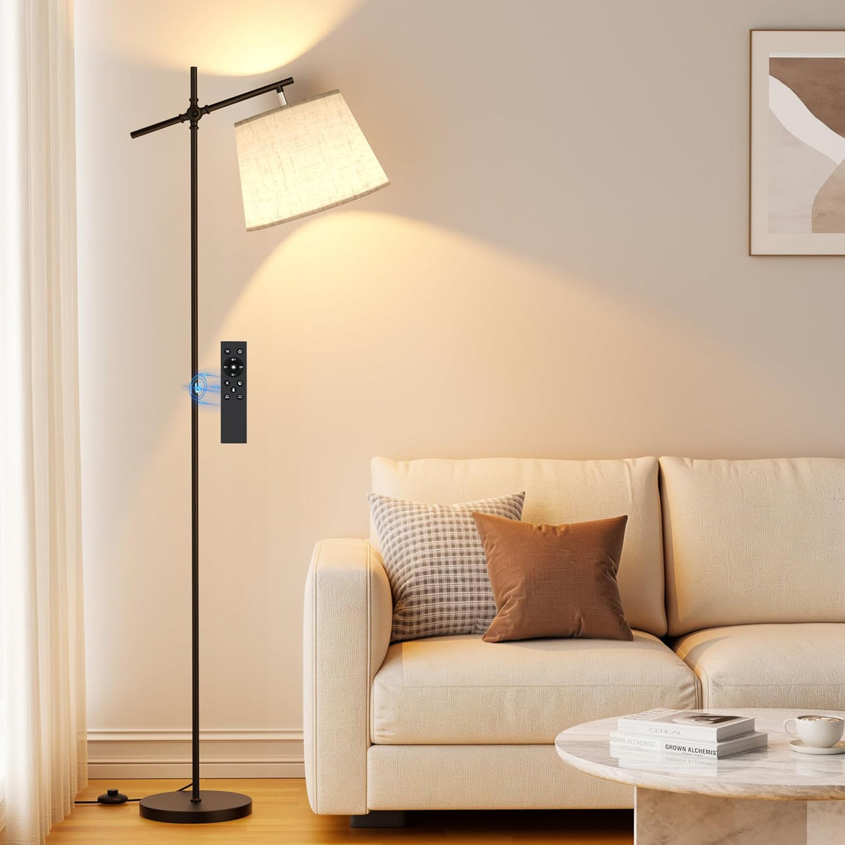 SIBRILLE Floor Lamp with Linen Shade, Dimmable Tall Standing Lamp with Remote...