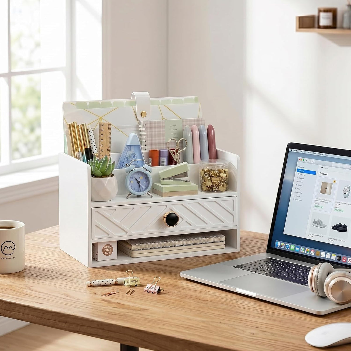 desk organizer with drawer, countertop bill mail organizer on a desk or shelf
