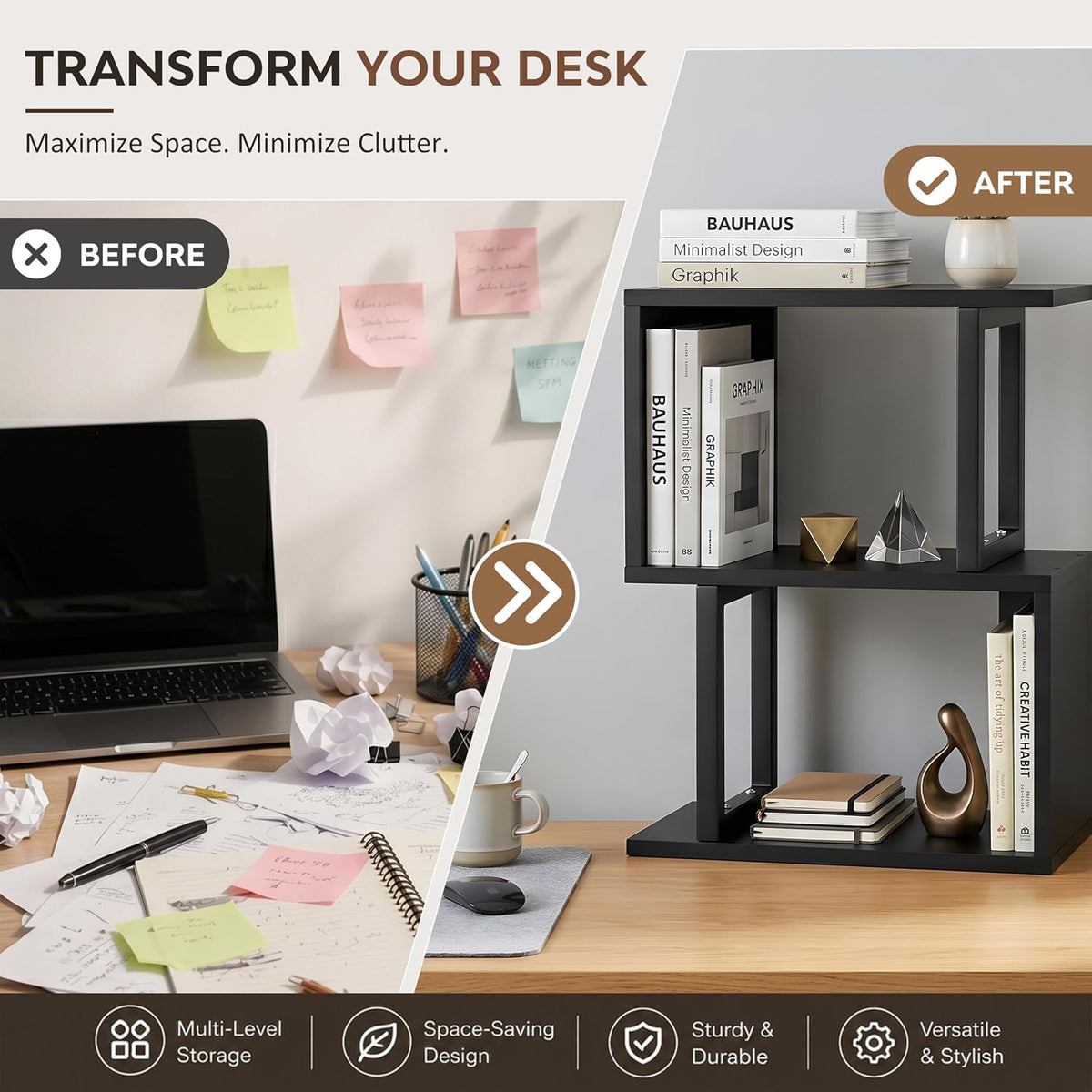 Desk Shelf Organizer, Small Desktop Bookshelf Wood, Black