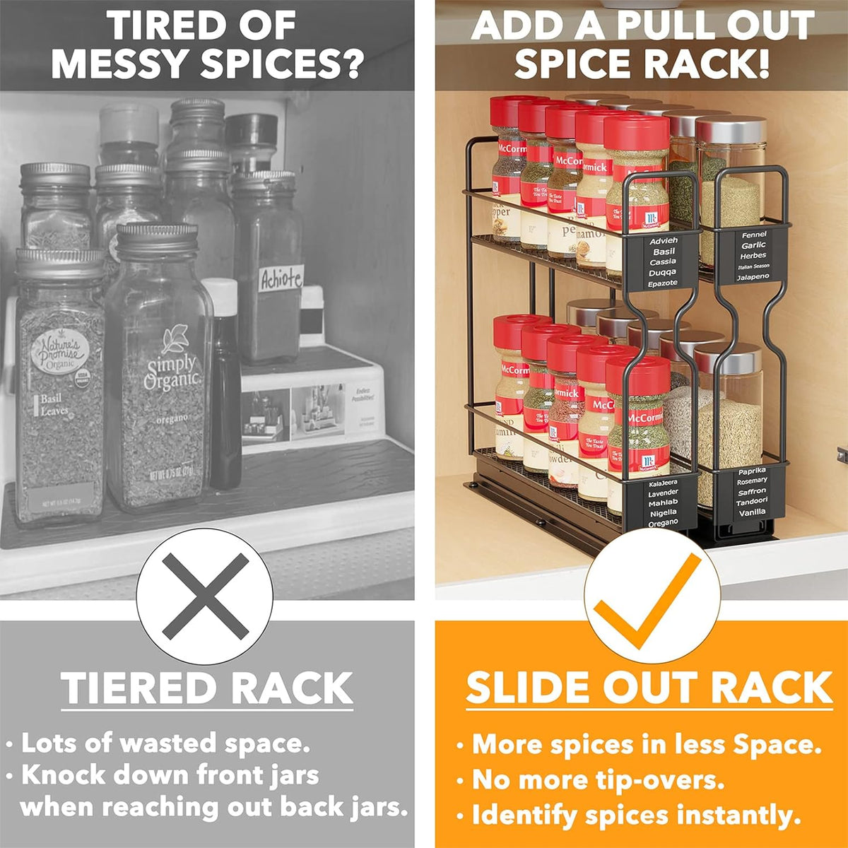 SpaceAid Pull Out Spice Rack Organizer for Cabinet, 2 Drawers 2-Tier, 1 Drawe...