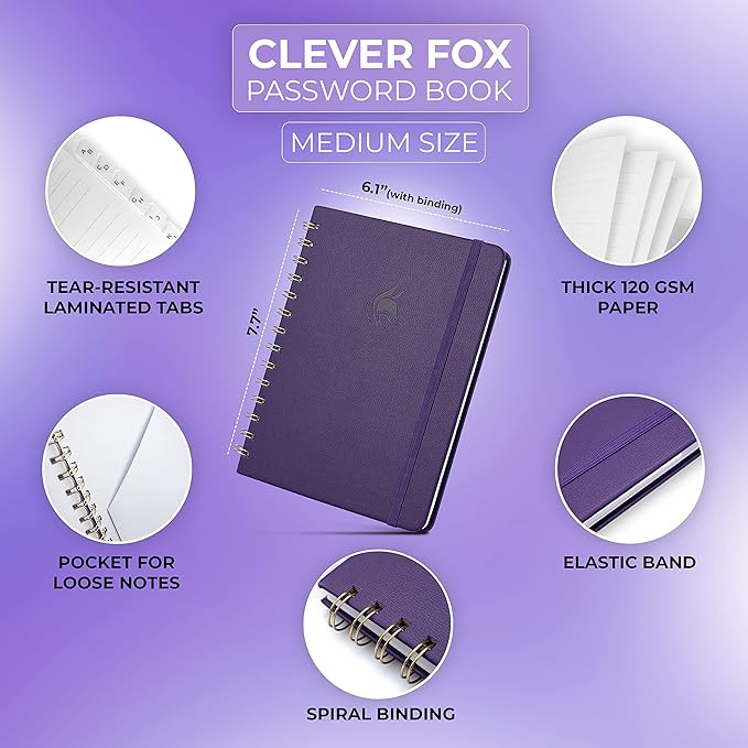 Clever Fox Password Book Spiral – Internet Address & Password Organizer - Image 2