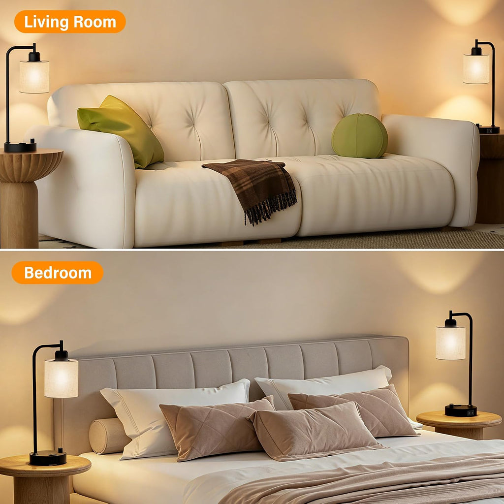 sibrille industrial table lamps with linen shade, set, front angle view