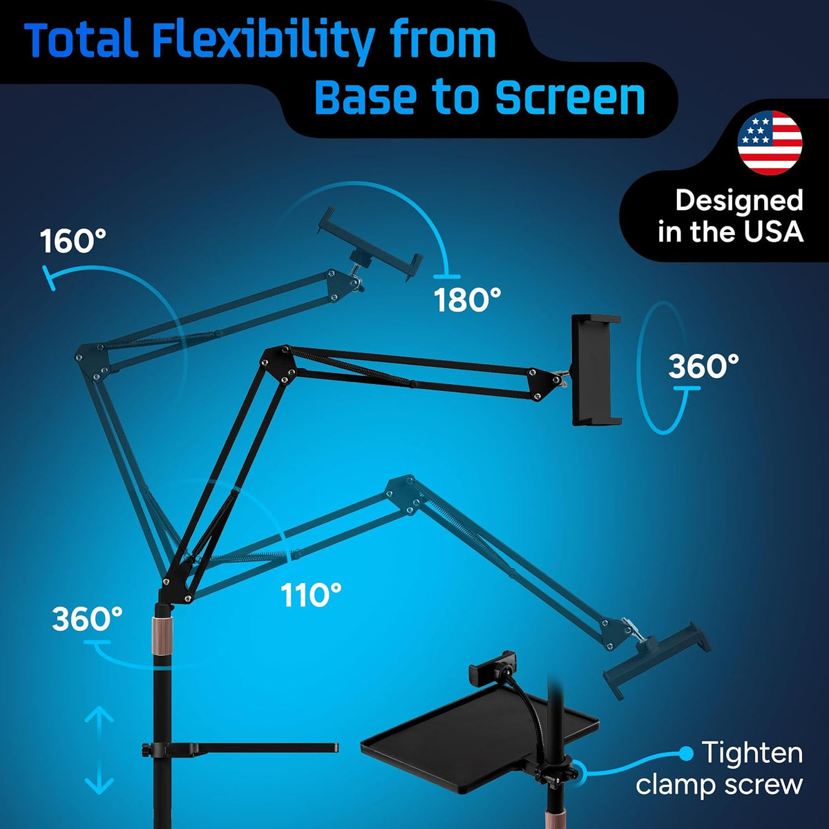 Tablet Floor Stand, 12lb Weighted Base, Tray & Phone Holder, Black