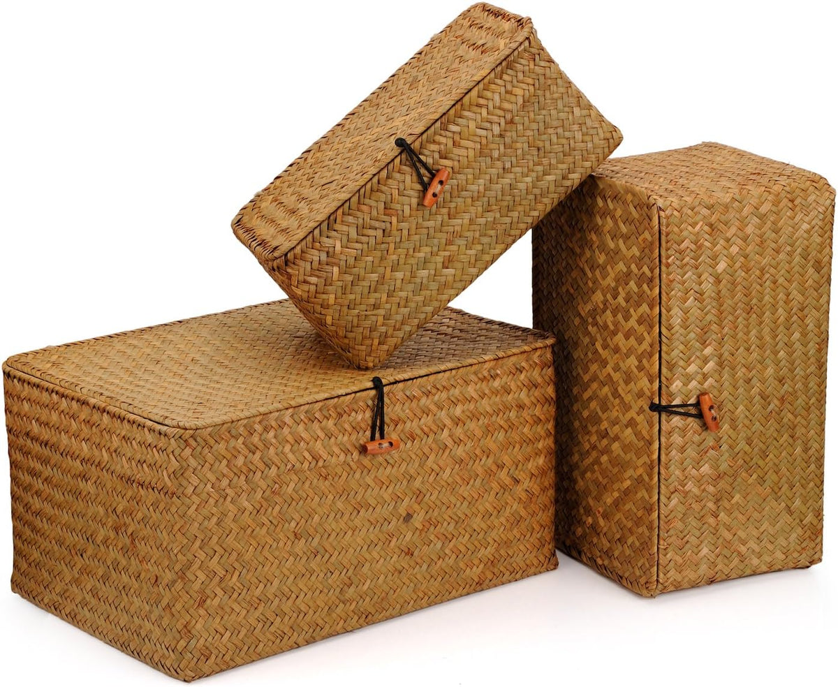 Woven Wicker Storage Bins with Lid, Seagrass Basket for Shelf Organizer, Extr...