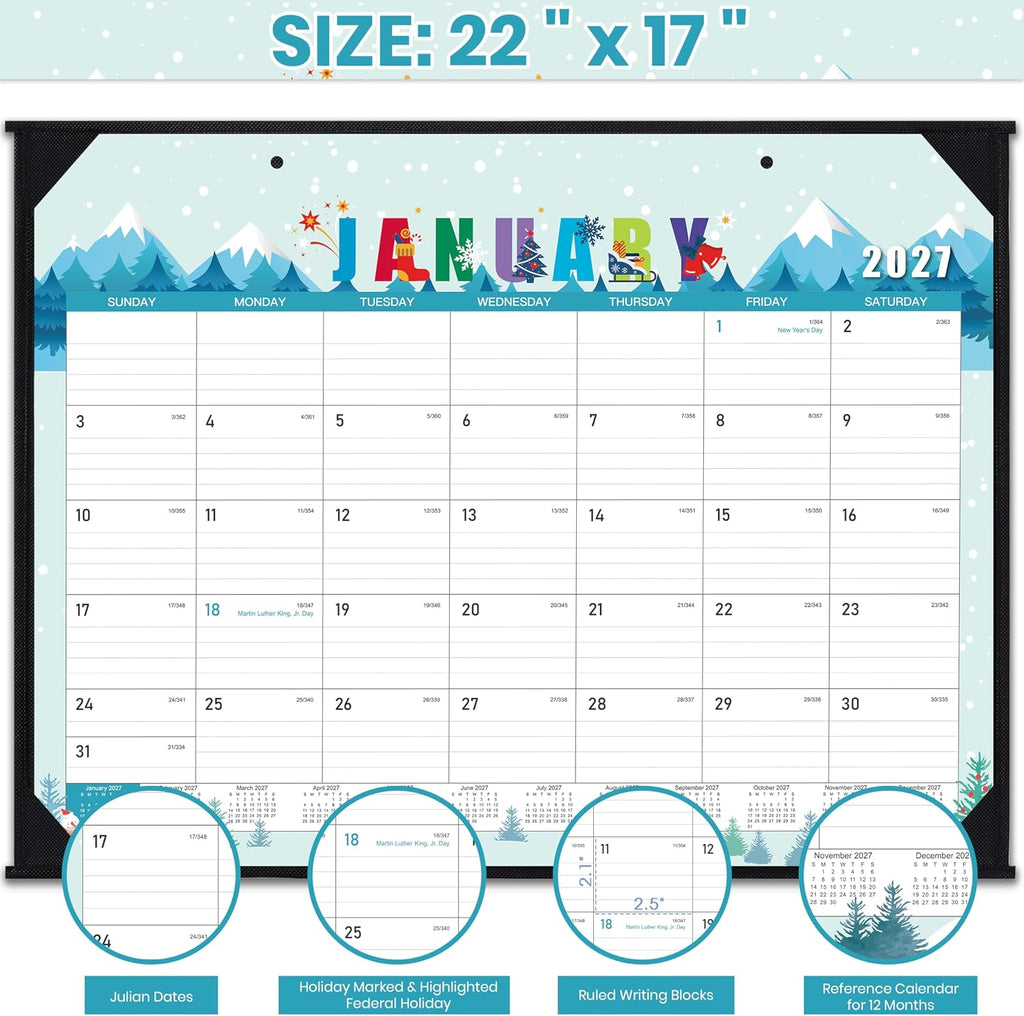 Desk Calendar 2026-2027, July 2026 - December 2027, 22"×17" | 18 Monthly Large Desk Calendar 2026-2027, 2 Corner Protectors & 2 Hanging Hooks, Large Ruled Blocks
