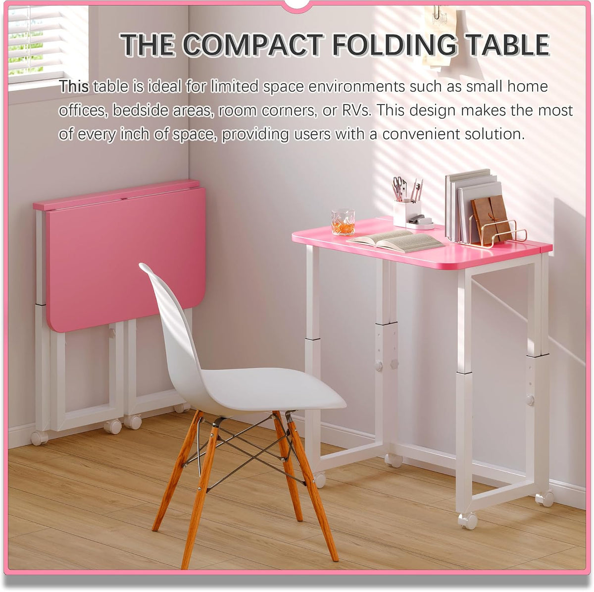 4NM No Tool Assembly 23.6" Small Desk, Folding Portable Desk with Wheels...