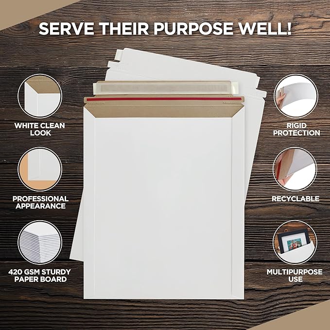 Rigid Mailers 9.25 x 11.75 Inch – 50 Pack White Self Seal Stay Flat Cardboard - Image 3
