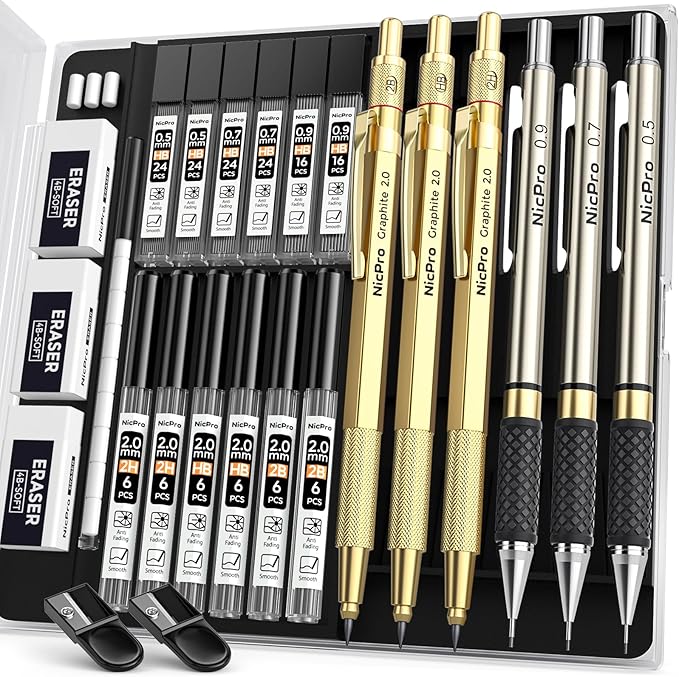 Nicpro Gold Art Mechanical Pencil Set, Metal Drafting Pencil 0.5, 0.9mm & 2mm - Image 8
