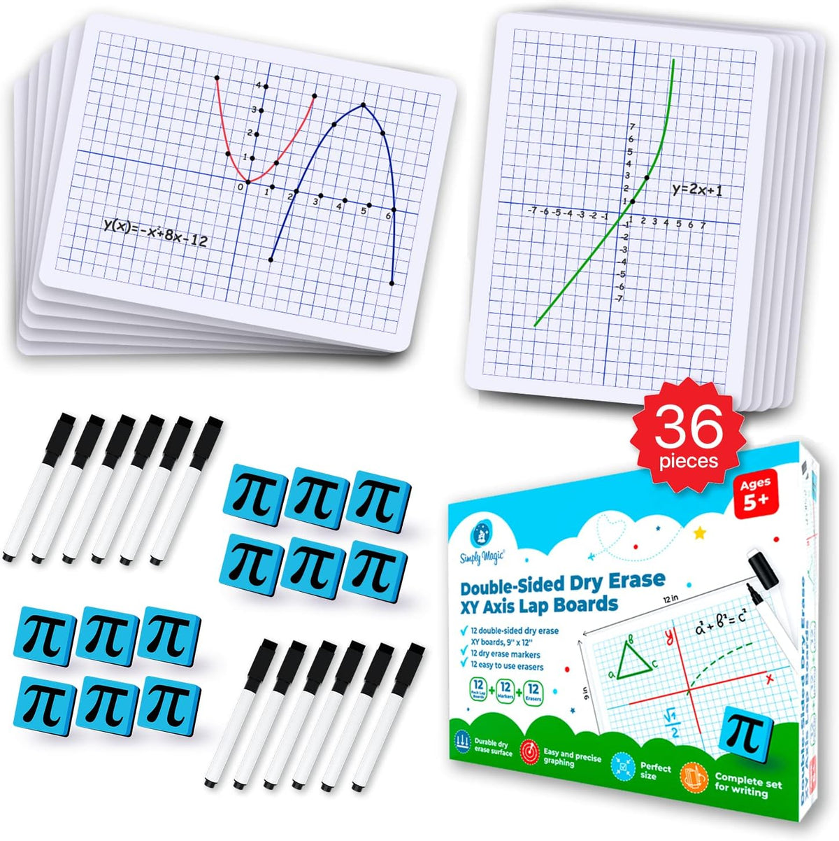 Simply Magic 12 Pack Double-Sided Dry Erase Graph Lap Boards - 12''x9...