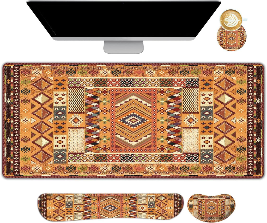 AIMSA Desk Mat Set, Large Mouse Pad + Mouse Wrist Rest + Keyboard Wrist Support + Coaster, Bohemian Style 4in1 Rug Gaming Mouse Pad Combo for Home Office, Orange