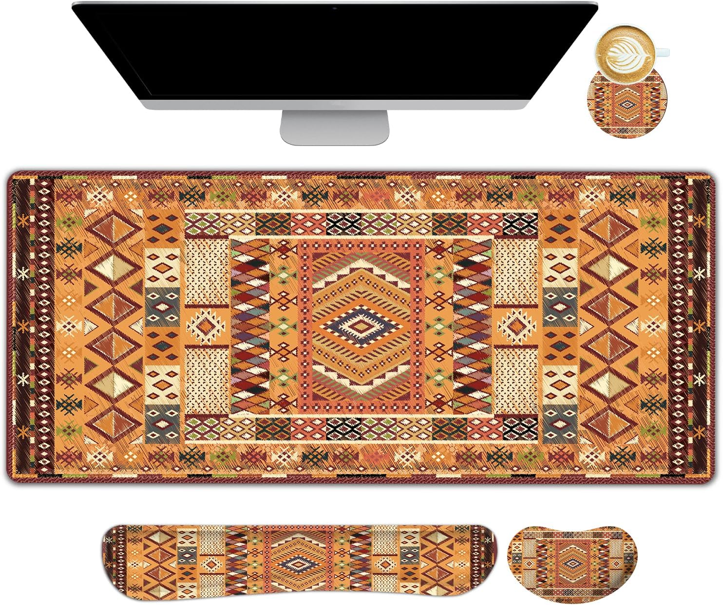 AIMSA Desk Mat Set, Large Mouse Pad + Mouse Wrist Rest + Keyboard Wrist Support + Coaster, Bohemian Style 4in1 Rug Gaming Mouse Pad Combo for Home Office, Orange