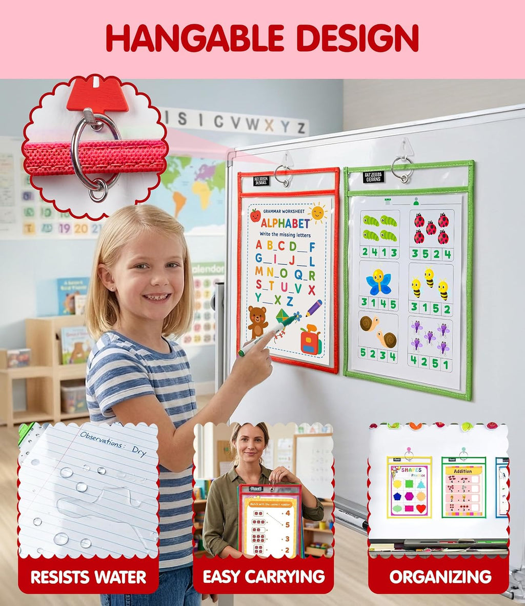 30 Packs Reusable Dry Erase Pockets Sleeves with 2 Binder Rings - 10 Color Set - 10x14 Oversized dry erase sheet protectors with Clear Pocket Sleeves -School Supplies for Teachers classroom must haves