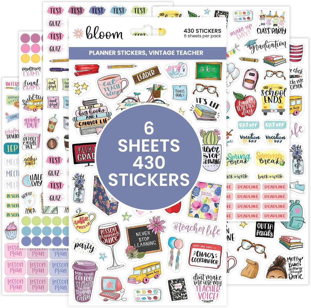 bloom daily planners Vintage Teacher Planner Stickers - School Themed Planning Stickers for Teachers, Educators, Homeschoolers - 6 Sheets/430 Stickers