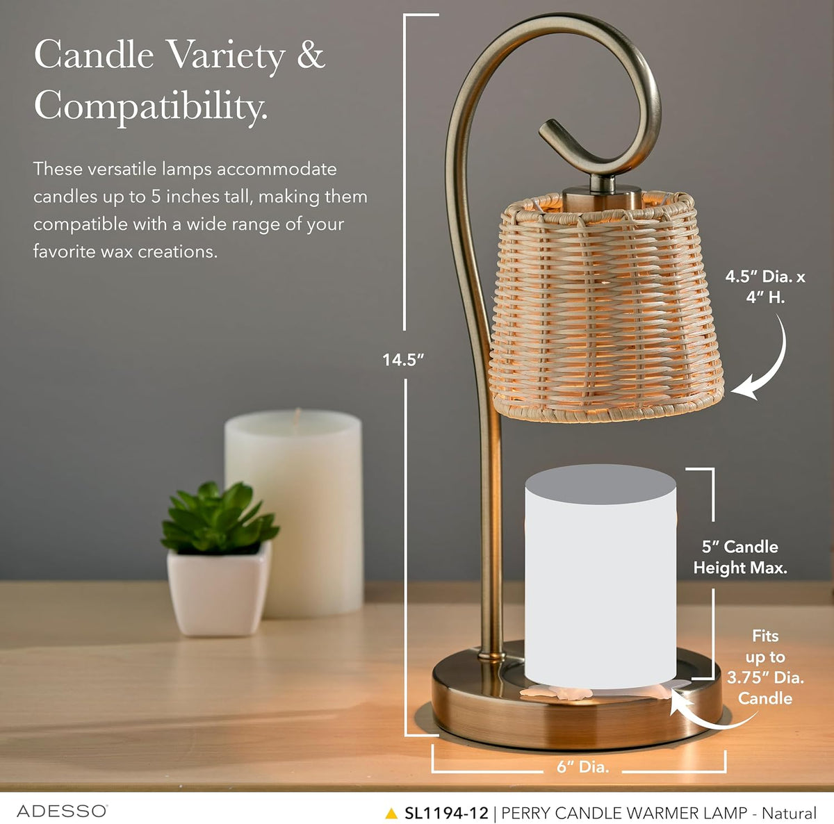 Adesso Candle Warmer Lamp, Antique Brass & Rattan, Dimmable