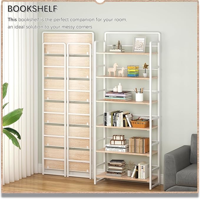 4NM No Assembly 6 Tiers Folding Bookshelf Storage Shelves Vintage Bookcase - Image 3