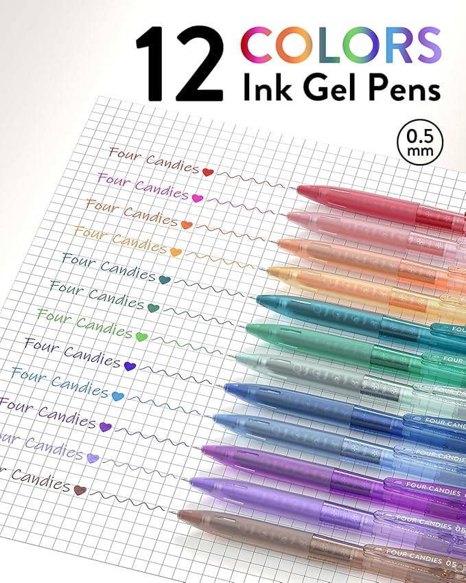 Four Candies 12Pack 0.5mm Quick Dry Retractable Gel Pen Set, Cute Transparent - Image 7
