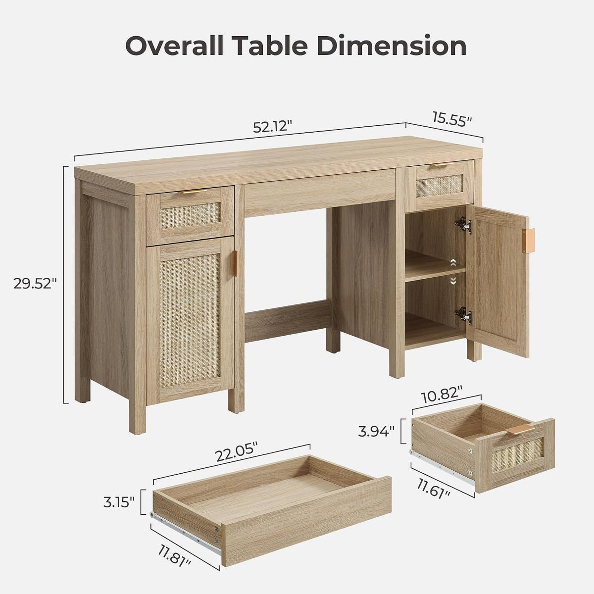 SICOTAS 52" Rattan Vanity Desk with 3 Drawers & 2 Cabinets, Vanity T...