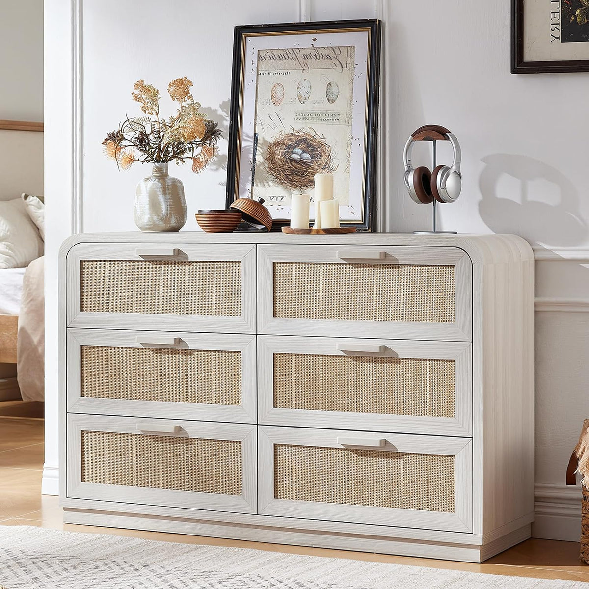 LEYAOYAO Rattan 6 Drawer Dresser for Bedroom, Grey White