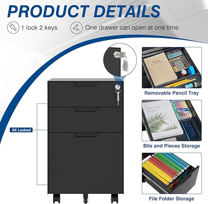 Fesbos 3 Drawer Vertical File Cabinet, Mobile Filling Cabinets - Image 7