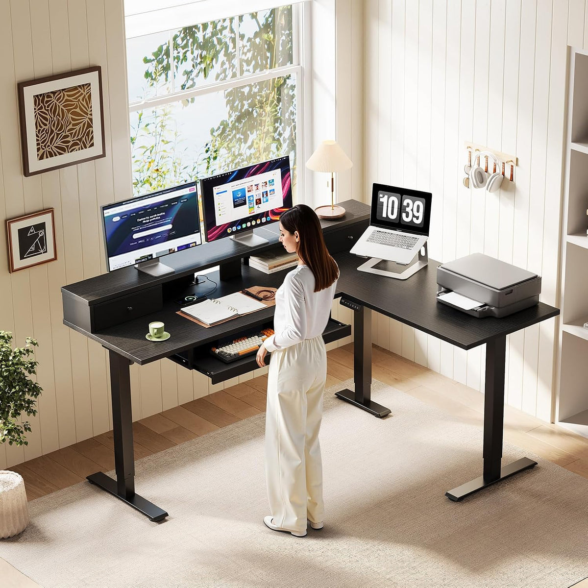 OffiGo 59 Inch L Shaped Electric Standing Desk with Drawers, Black