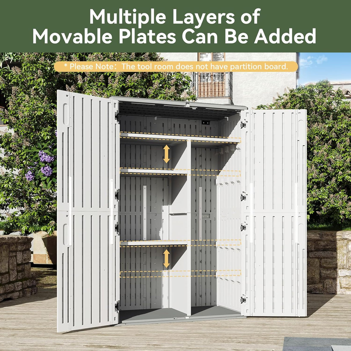 aoxun outdoor storage shed, 64 cu.ft vertical resin showing dimensions