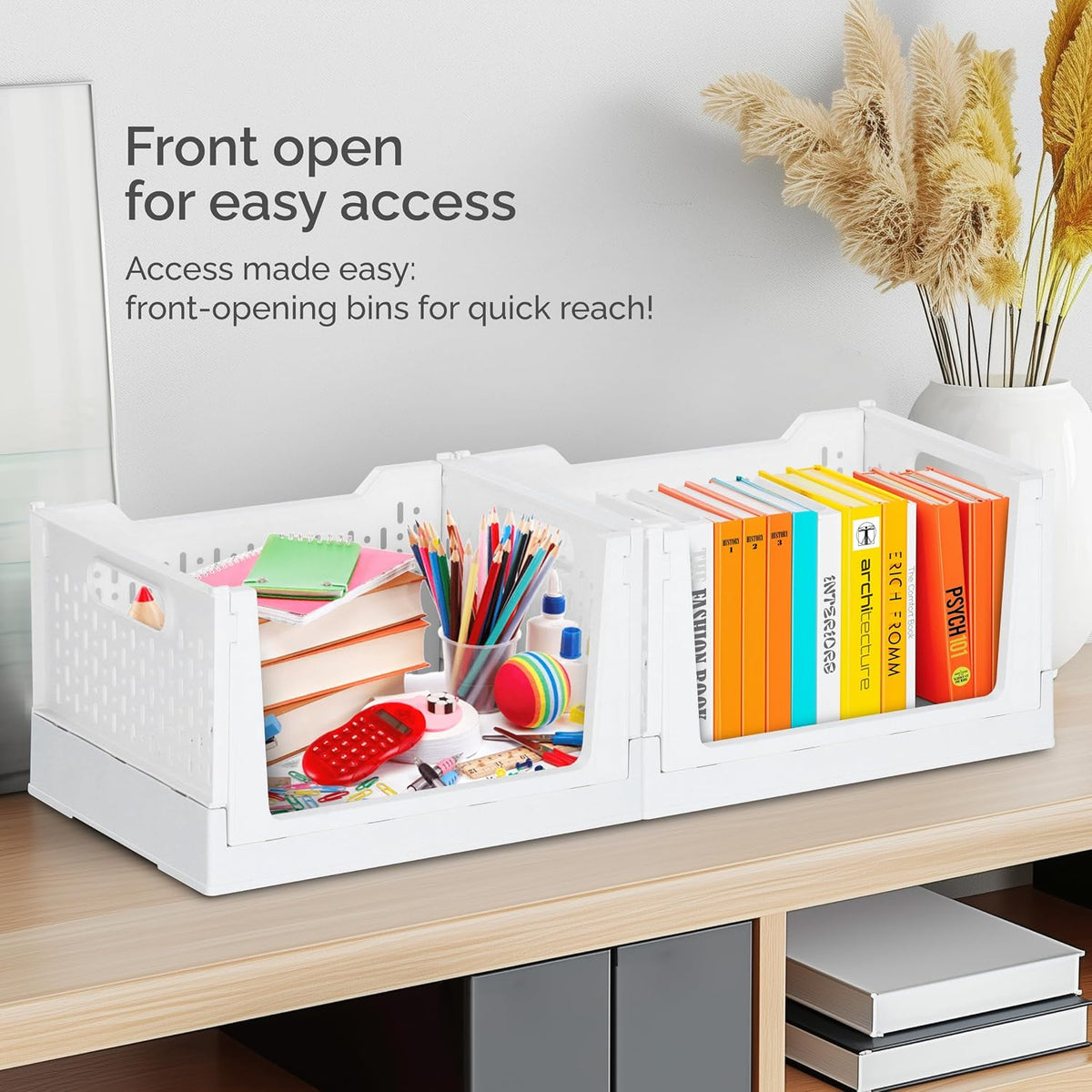 Skywin Foldable Stackable Storage Bins with Wheels, 3 Pack - Ivory