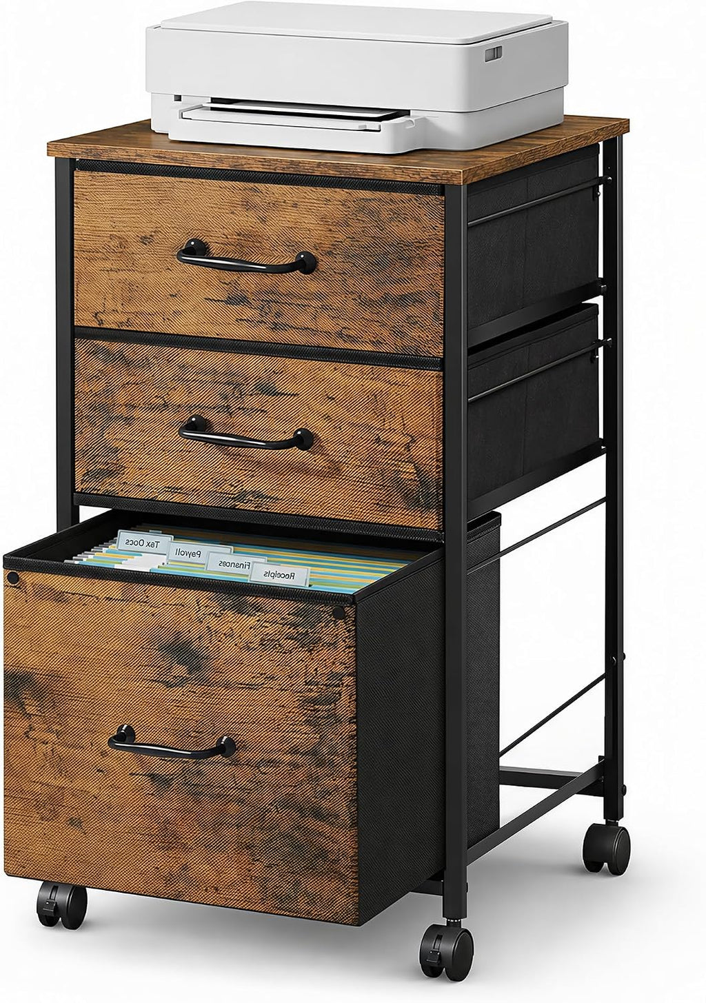 DEVAISE 3-Drawer Mobile File Cabinet, Rolling Printer Stand, Rustic Brown | Fabric vertical filing cabinet with 3 drawers, wood desktop, steel frame, fits A4/Letter, Under Desk Storage for home office