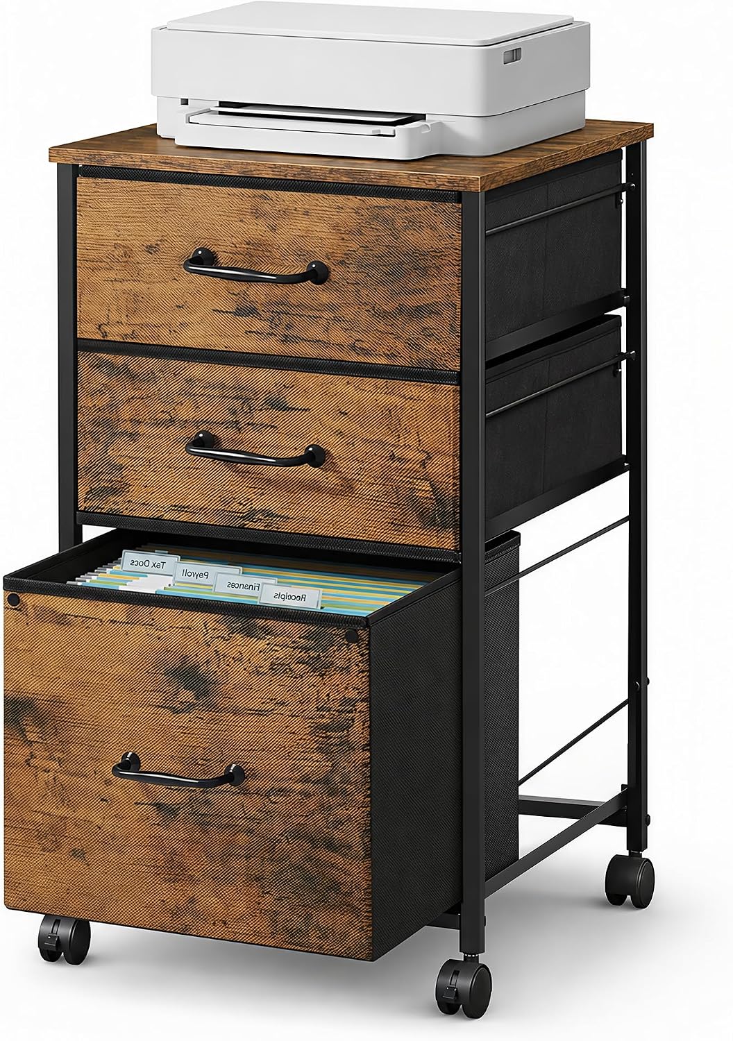DEVAISE 3-Drawer Mobile File Cabinet, Rolling Printer Stand, Rustic Brown | Fabric vertical filing cabinet with 3 drawers, wood desktop, steel frame, fits A4/Letter, Under Desk Storage for home office