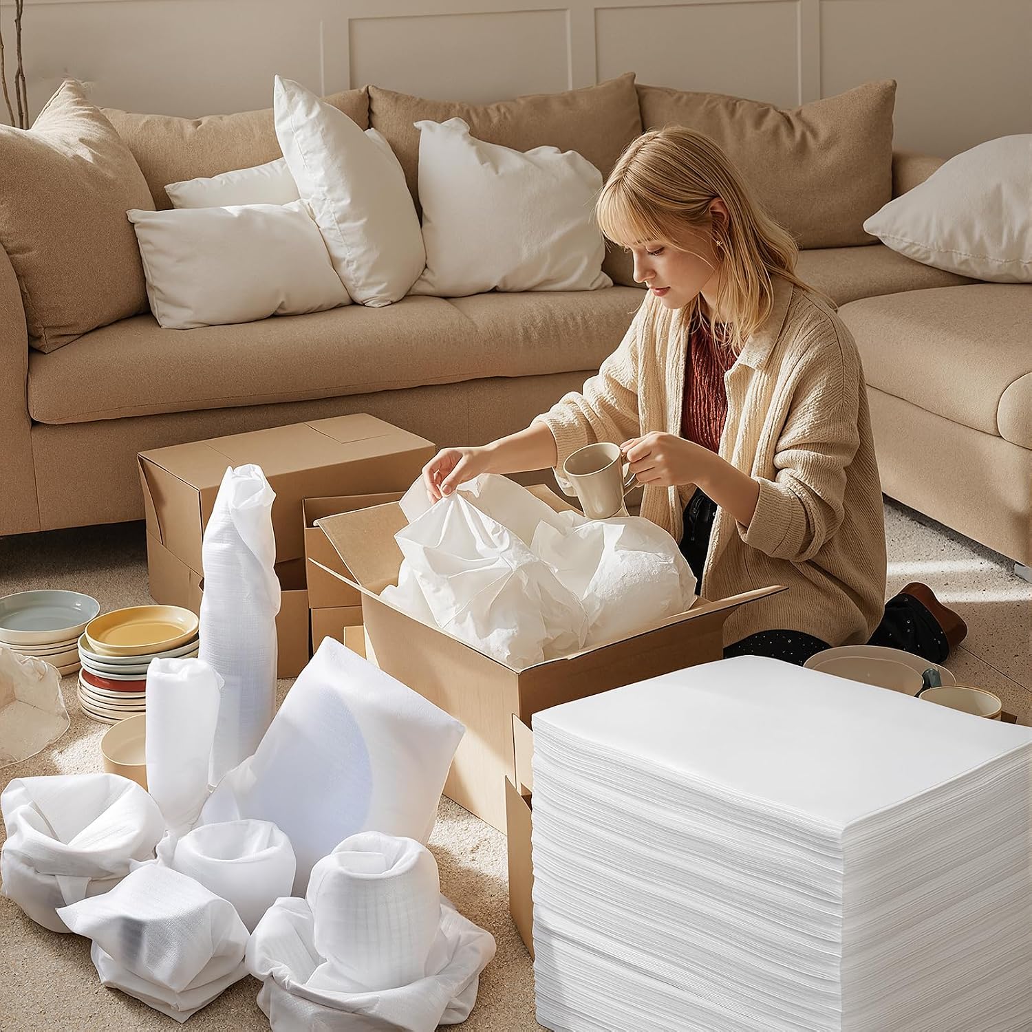 100 Pack Dish Packing Supplies for Moving, 12x12 Inch Cushion Foam Pouches | Large Foam Wrap Pouches Protecting Mugs,Cups,Glass,Frames,China and Dishes, Moving Supplies for Dishes